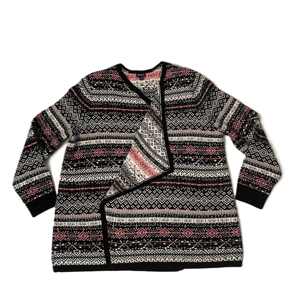 Torrid Fair Isle Cardigan Sweater Womens Plus Size 3 / 3X  Pink Black Knit Wrap